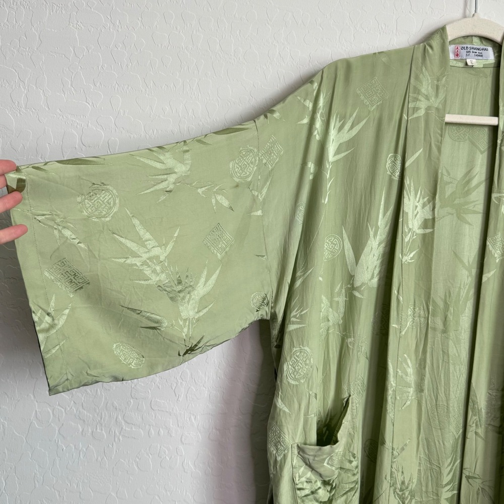 Old Shanghai Womens 100% Silk Kimono Robe OS Green Good Bamboo Jacquard Long - Picture 3 of 13